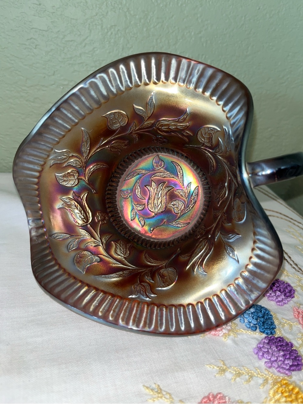 Vintage Dugan Glass Tulip & Vine Marigold Carnival Glass Handled Nappy Bowl